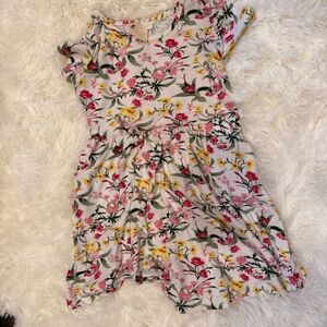 White Floral Short Sleeve Girls' Dress with Pink & Yellow Blooms